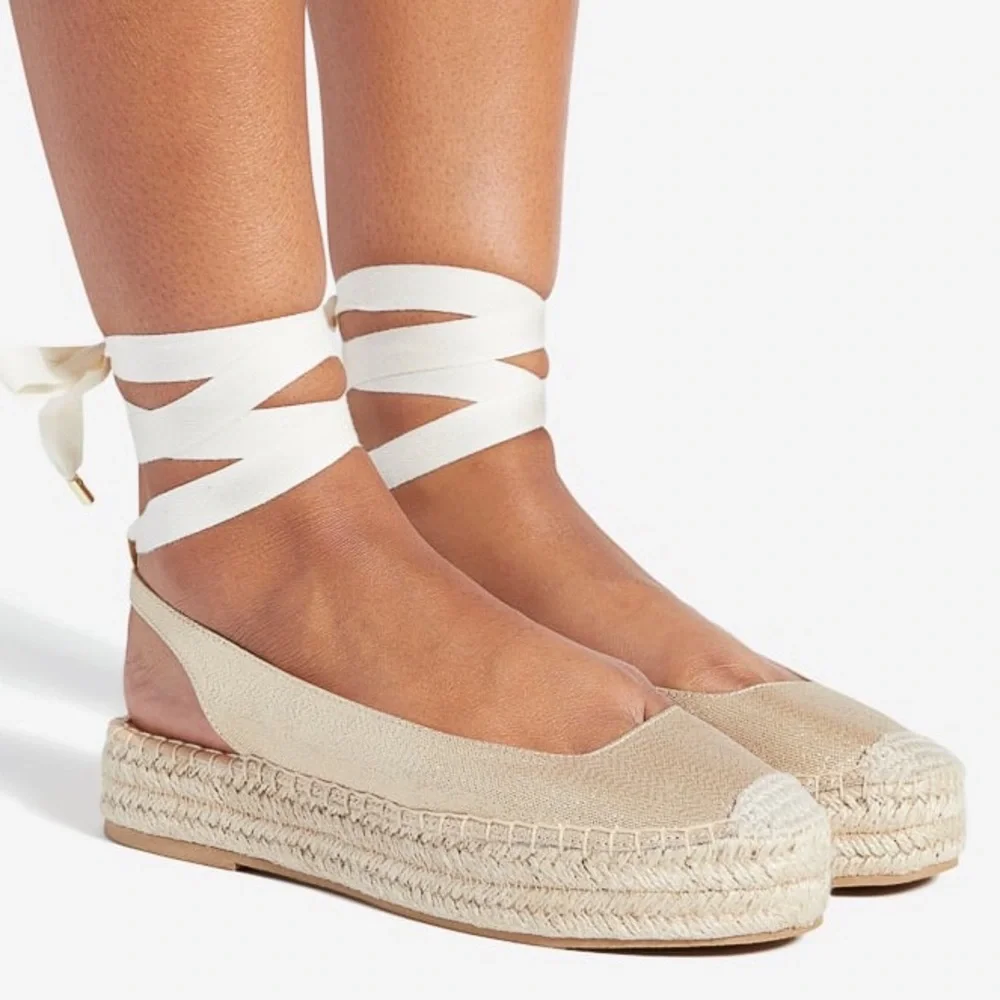 Shoe Dazzle Neutral Beige Espadrille Platform Wrap Flats